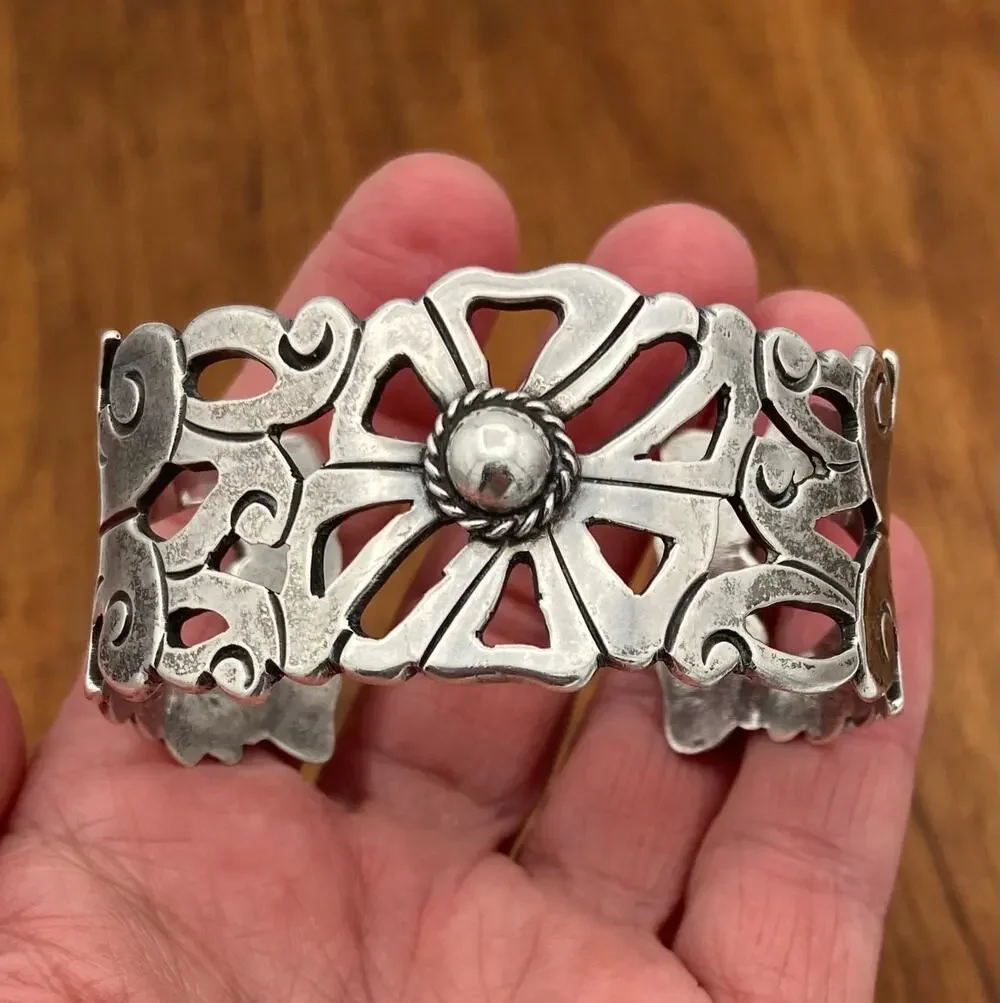 Vintage Mexico Silver Cuff Bracelet Wide Flower Cutout 50.91g Tested Silver 6.5